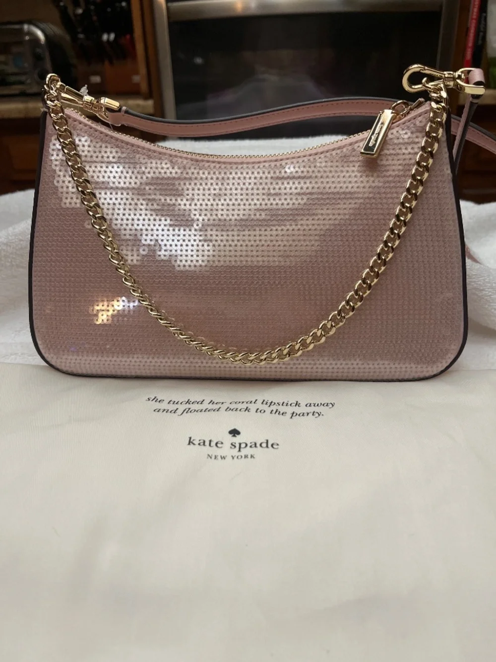 NWT Kate Spade Madison Sequin/Leather Convertible Crossbody.  Rose Smoke/Pink.